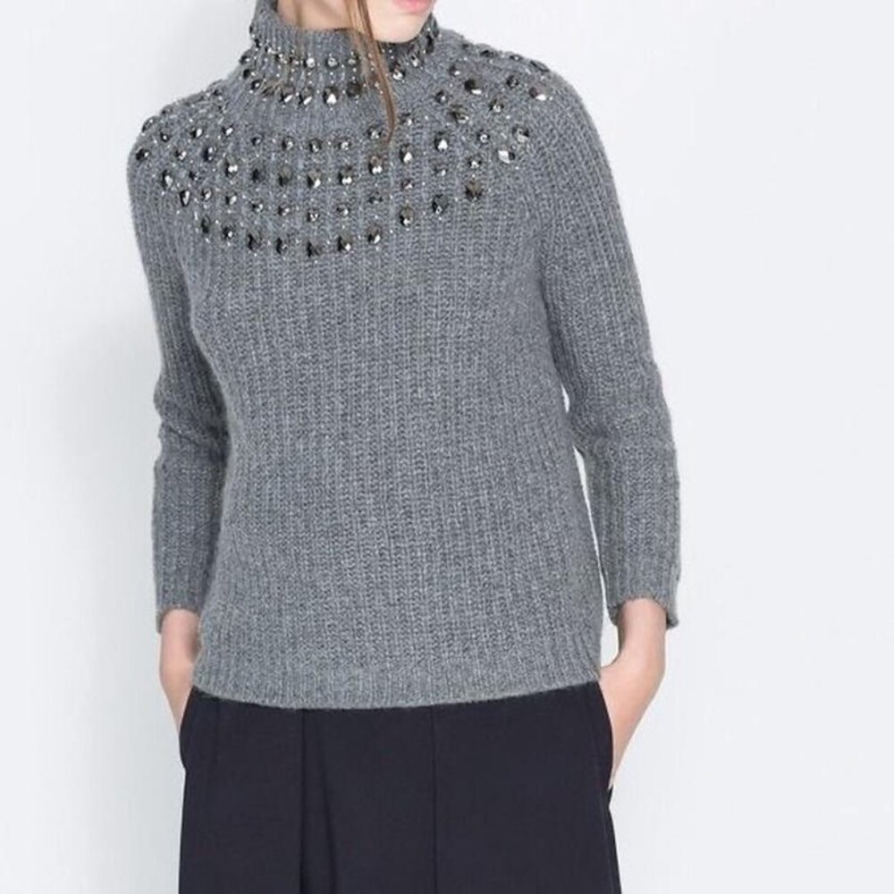 EUC Zara grey wool blend knit sweater with embellished details, L